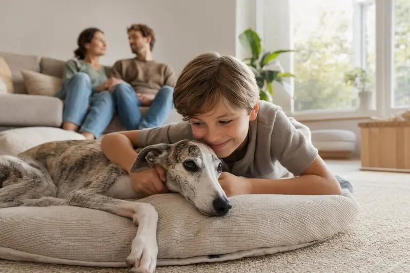 Ein freundlicher Windspiel Hund entspannt neben einem Kind in einem hellen Wohnzimmer, während die Eltern im Hintergrund sitzen.
