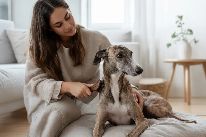 Ein Windspiel Hund wird in einer hellen Wohnung sanft gebürstet, während der Besitzer liebevoll die Fellpflege übernimmt.