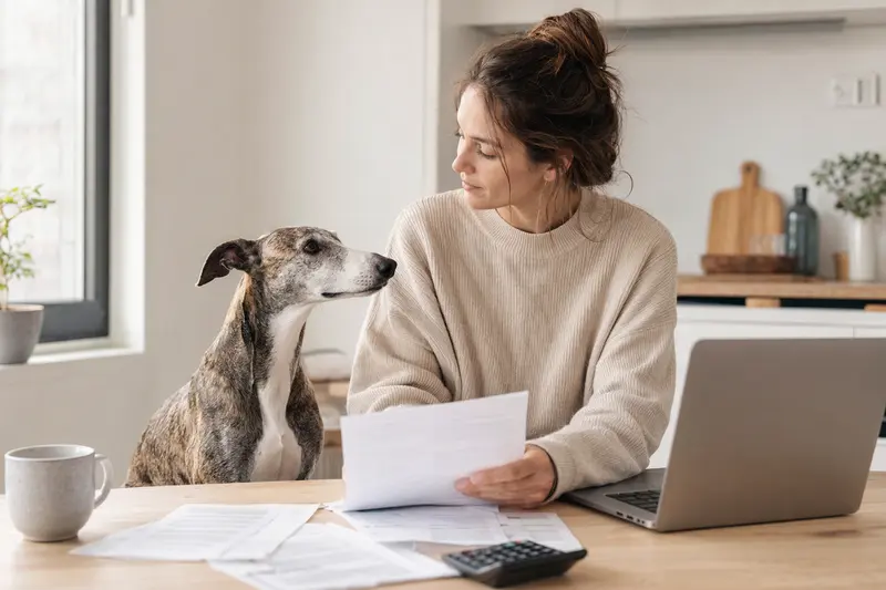 Ein Windspiel Hund sitzt neben seinem Besitzer am Küchentisch, umgeben von Versicherungsunterlagen und einem Laptop.