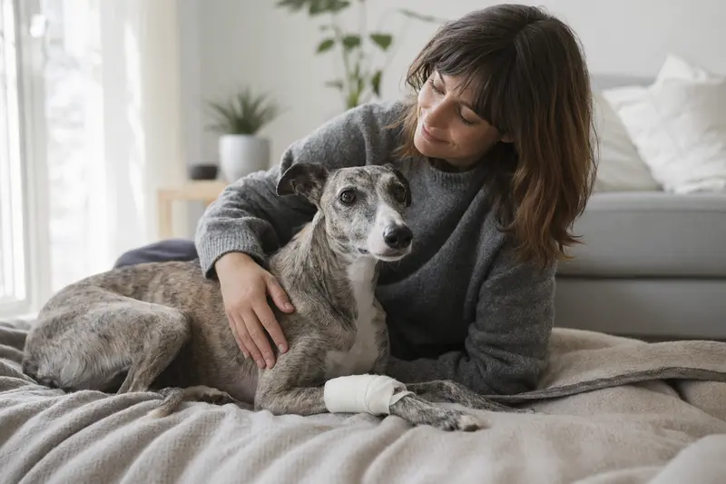 Ein Windspiel Hund mit leichtem Verband an der Pfote liegt ruhig neben seinem erleichterten Besitzer in einer hellen Wohnung.
