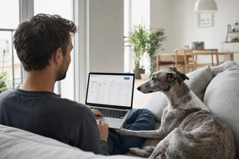 Ein Hundebesitzer arbeitet am Laptop auf dem Sofa, während ein Windspiel neben ihm sitzt. Der Bildschirm zeigt eine neutrale Versicherungsvergleichsseite.