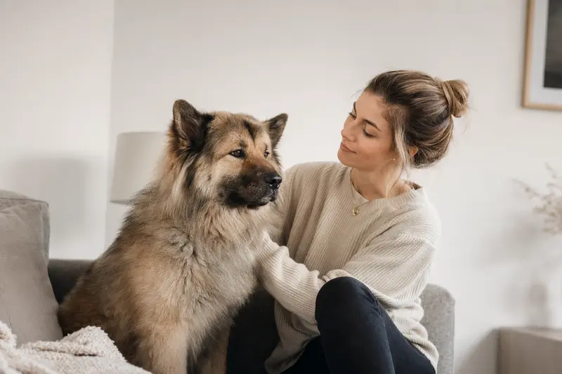 Ein aufmerksamer Wolfs-Chow Hund steht in natürlicher Haltung vor hellem Hintergrund und wird als hochwertiges Tierportrait dargestellt.