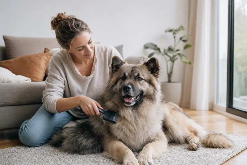Ein Wolfs-Chow wird in einer hellen Wohnung liebevoll gebürstet und erhält eine sanfte Fellpflege durch seinen Besitzer.
