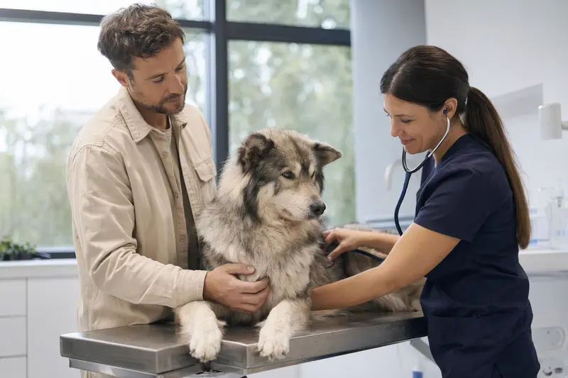 Ein freundlicher Wolfs-Chow Hund wird von einer Tierärztin in einer modernen Praxis mit einem Stethoskop untersucht.