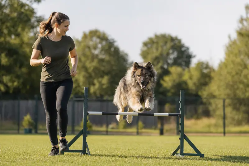 Ein aktiver Wolfs-Chow trainiert mit seinem Besitzer auf einem Hundeplatz über eine kleine Hürde.