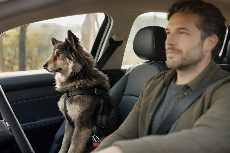 Ein Wolfs-Chow Hund sitzt sicher angeschnallt auf der Rückbank eines Autos und genießt die sonnigen Ausblicke während der Fahrt.