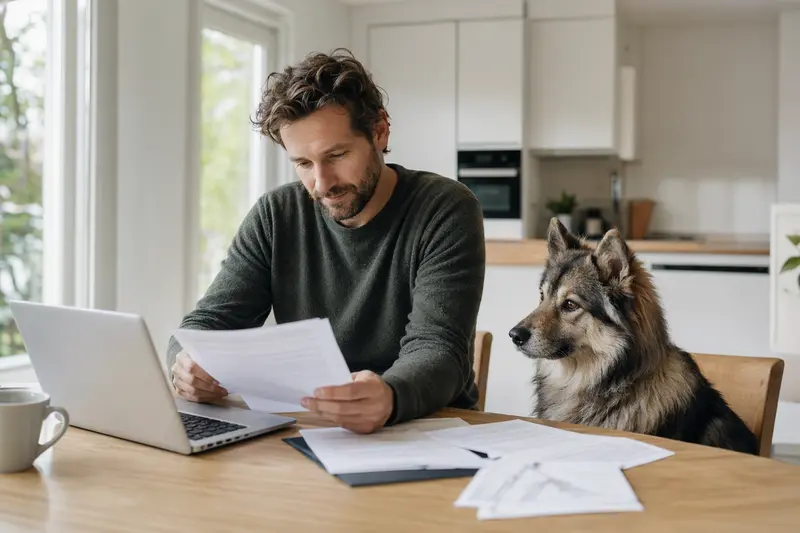 Ein ruhiger Wolfs-Chow Hund sitzt neben seinem Besitzer am Küchentisch, auf dem Versicherungsunterlagen und ein Laptop liegen.