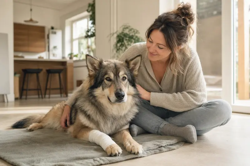 Ein besorgter Besitzer sitzt neben seinem Wolfs-Chow Hund mit einem leichten Verband an der Pfote auf einer Decke in einer hellen Wohnung.