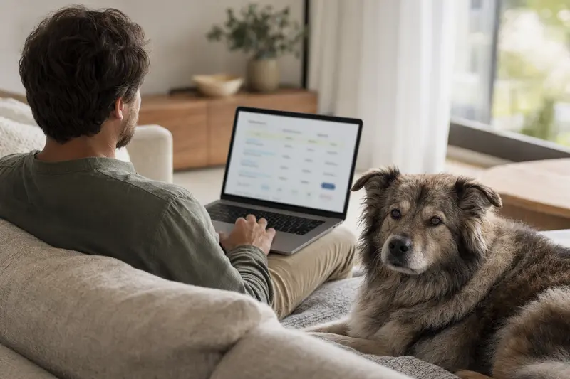Ein Besitzer arbeitet am Laptop auf dem Sofa, während ein Wolfs-Chow Hund entspannt neben ihm sitzt, symbolisiert die Sicherheit bei der Wahl einer Tierkrankenversicherung.