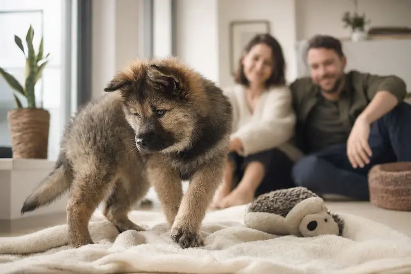 Ein neugieriger Wolfs-Chow Welpe erkundet fröhlich sein neues Zuhause mit einer weichen Decke und Spielzeug im Hintergrund.