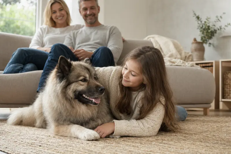 Ein entspannter Wolfsspitz Hund liegt neben einem Kind in einem gemütlichen Wohnzimmer.