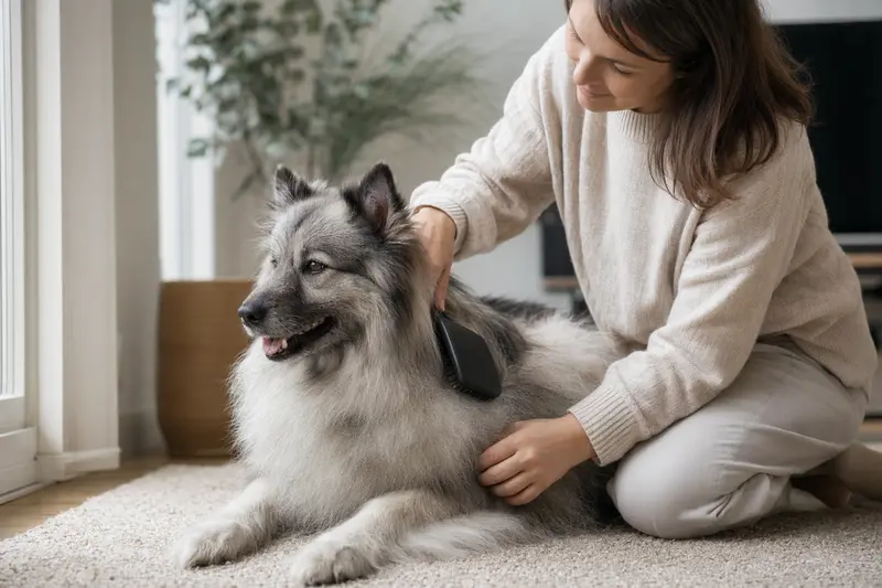 Ein Wolfsspitz wird in einer hellen Wohnung liebevoll gebürstet, was die regelmäßige Fellpflege und verantwortungsvolle Hundehaltung zeigt.