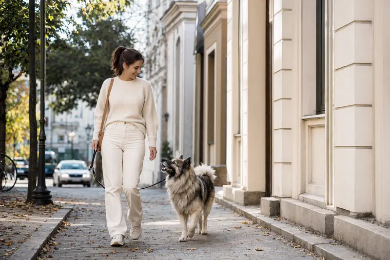 Ein Wolfsspitz läuft entspannt an der Leine mit seinem Besitzer durch eine moderne Stadtstraße.