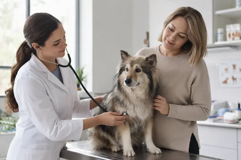 Ein Wolfsspitz Hund wird von einer freundlichen Tierärztin mit einem Stethoskop in einer modernen Tierarztpraxis untersucht.