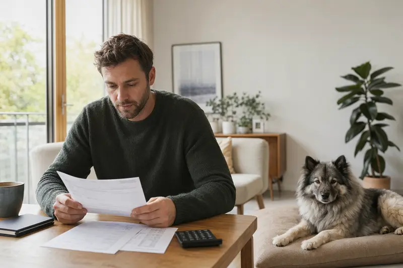Besitzer sitzt mit Tierarztrechnung am Tisch, während ein entspannter Wolfsspitz auf einer Decke liegt und eine Hundekrankenversicherung für ruhige finanzielle Planung vermittelt.