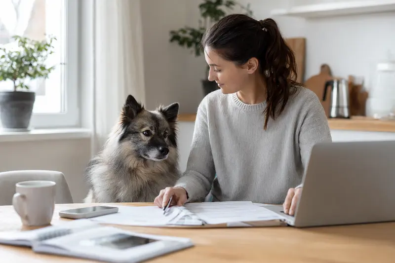 Ein Wolfsspitz sitzt friedlich neben seinem Besitzer am Küchentisch, während Versicherungsunterlagen und ein Laptop mit Vergleichsseite auf dem Tisch liegen.