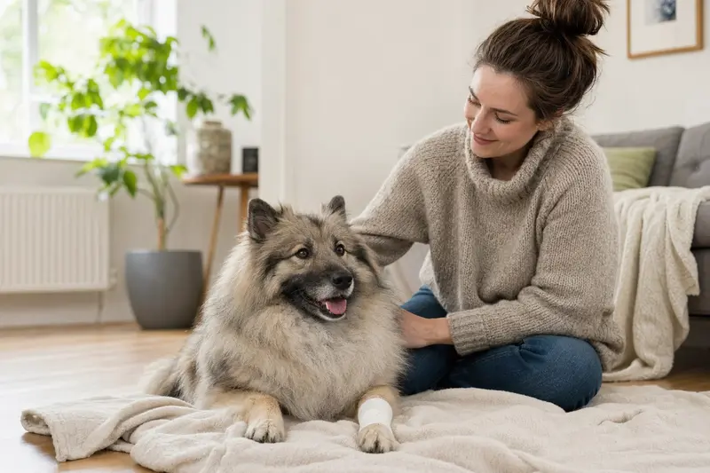 Ein Wolfsspitz Hund mit leichtem Verband liegt entspannt auf einer Decke, während sein Besitzer neben ihm sitzt und erleichtert aussieht.