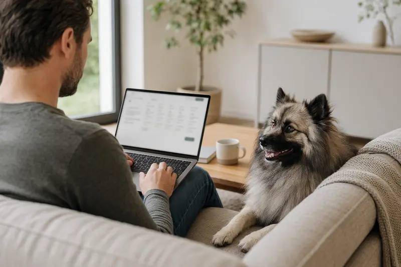 Ein Hundebesitzer arbeitet mit einem Laptop auf dem Sofa, während ein Wolfsspitz-Hund neben ihm sitzt.