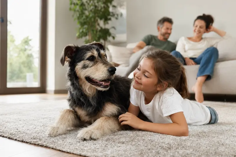 Ein freundlicher Xarnelo Hund liegt entspannt neben einem Kind im hellen Wohnzimmer, während die Eltern im Hintergrund sitzen.