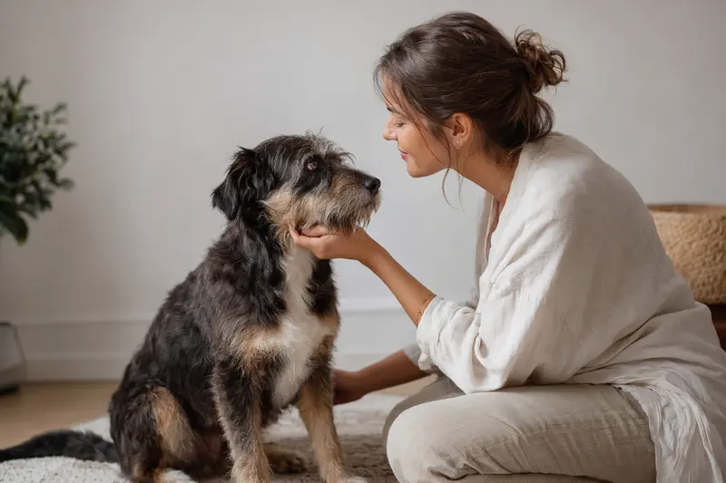 Ein aufmerksamer Xarnelo Hund steht in natürlicher Haltung vor hellem neutralem Hintergrund.
