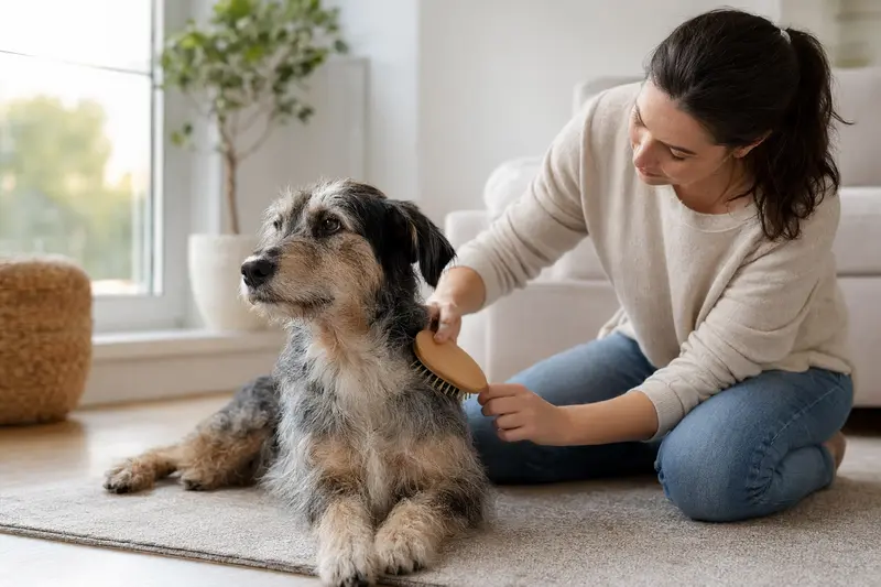 Ein Xarnelo Hund wird zuhause sanft gebürstet, während sein Besitzer liebevoll die Fellpflege übernimmt.