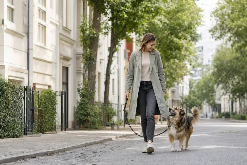 Ein Xarnelo Hund läuft entspannt an der Leine mit seinem Besitzer durch eine moderne Stadtstraße.