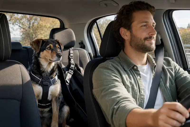 Ein Xarnelo Hund sitzt sicher angeschnallt auf der Rückbank eines Autos, während der Fahrer ruhig fährt.