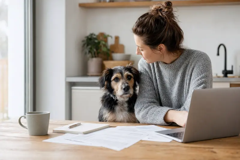 Ein Xarnelo Hund sitzt ruhig neben seinem Besitzer am Küchentisch, auf dem Versicherungsunterlagen und ein Laptop mit Vergleichsseite liegen.
