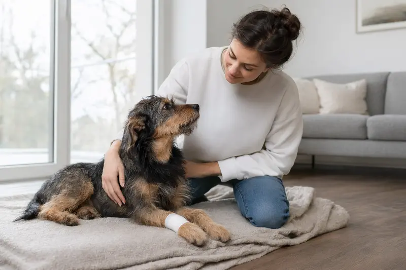 Ein ruhiger Xarnelo Hund mit Verband an der Pfote liegt neben seinem erleichterten Besitzer in einer hellen, fürsorglichen Wohnatmosphäre.
