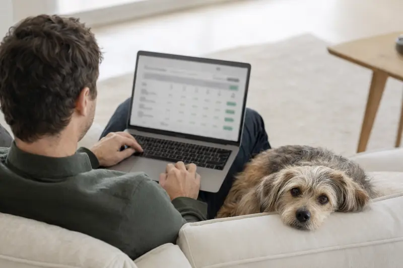 Ein Hund sitzt neben seinem Besitzer, der auf dem Sofa an einem Laptop arbeitet und eine Versicherungsvergleichsseite betrachtet.
