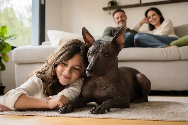 Ein freundlicher Xoloitzcuintle liegt entspannt neben einem Kind im Wohnzimmer, während die Eltern im Hintergrund eine sichere Familienatmosphäre schaffen.
