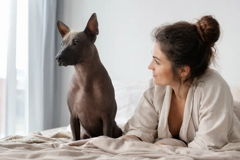 Xoloitzcuintle Hund in aufmerksamer Haltung vor hellem Hintergrund als hochwertiges Tierportrait.