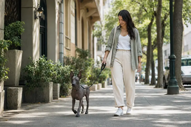 Ein Xoloitzcuintle läuft entspannt an der Leine mit seinem Besitzer durch eine moderne Stadtstraße.