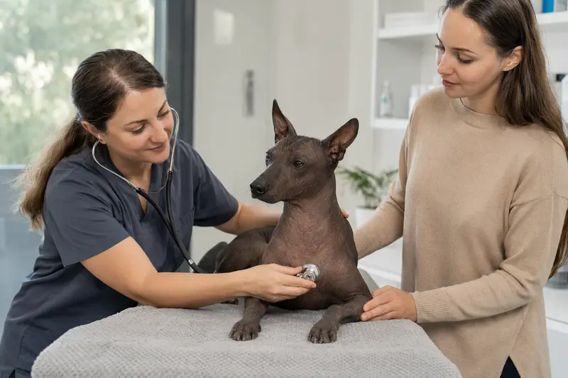 Ein ruhiger Xoloitzcuintle Hund wird von einer freundlichen Tierärztin auf einem Untersuchungstisch in einer modernen Tierarztpraxis mit einem Stethoskop untersucht.