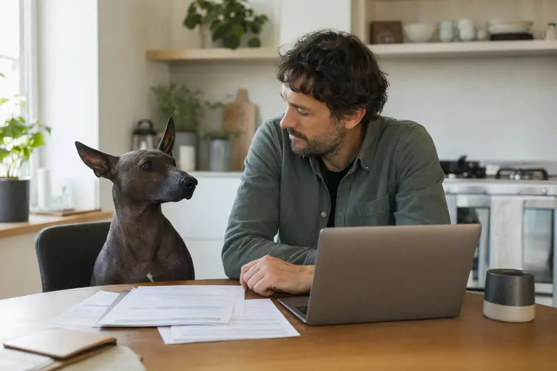 Ein Xoloitzcuintli Hund sitzt entspannt neben seinem Besitzer am Küchentisch, auf dem Versicherungsunterlagen und ein Laptop mit Vergleichsseite liegen.