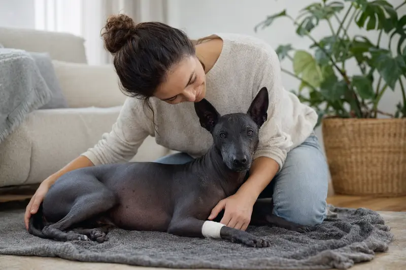 Ein entspannter Xoloitzcuintle Hund mit einem leichten Verband an der Pfote liegt neben seinem erleichterten Besitzer auf einer Decke in einer hellen Wohnung.