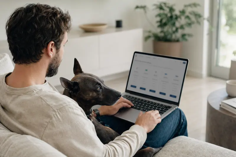 Ein Hundebesitzer sitzt auf dem Sofa mit seinem Xoloitzcuintle und vergleicht Tierversicherungen auf einem Laptop.