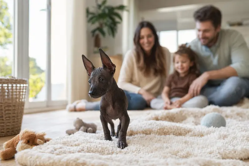 Ein neugieriger Xoloitzcuintle Welpe erkundet seine neue Umgebung voller Spielzeug und einer liebevollen Familie.
