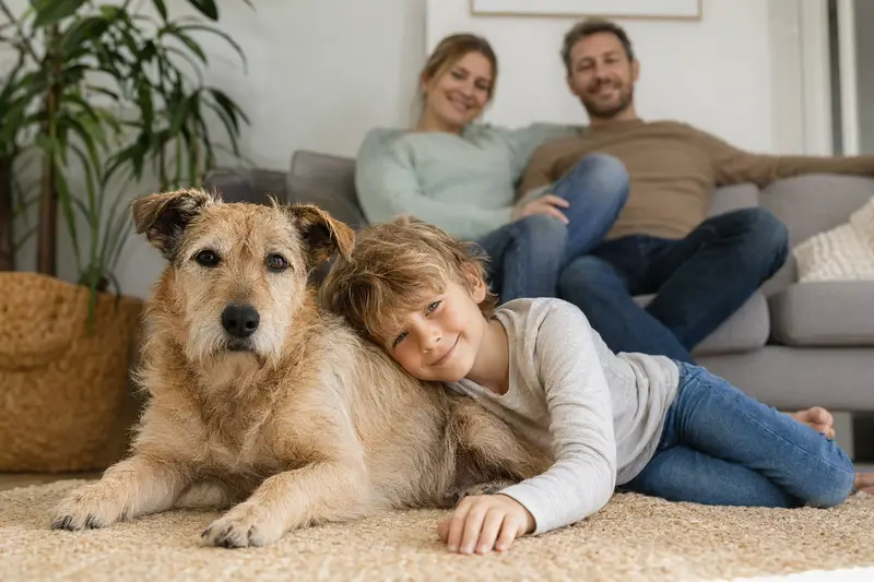 Ein freundlicher Hund liegt entspannt neben einem Kind im Wohnzimmer, während die Eltern im Hintergrund eine sichere Familienatmosphäre schaffen.
