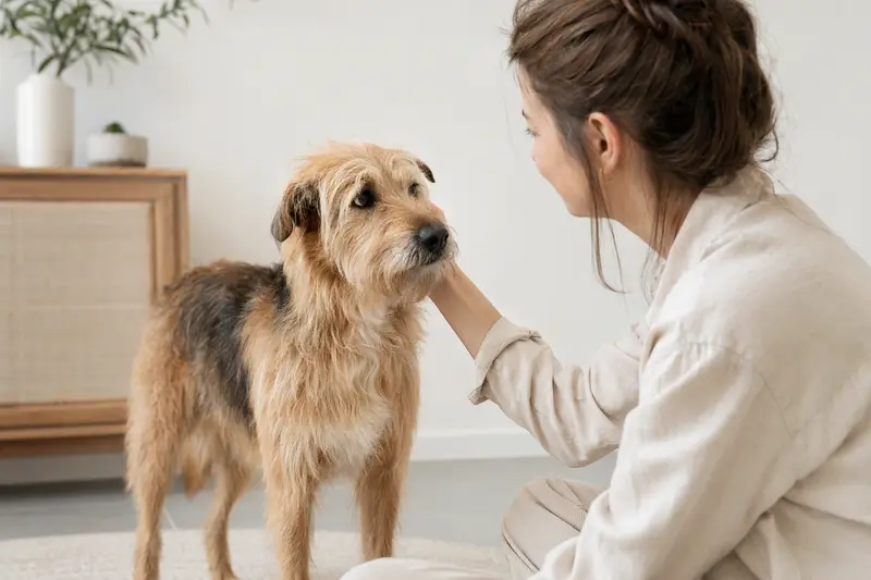Ein aufmerksam stehender Yaller Dog Hund vor hellem neutralem Hintergrund als realistisches Tierportrait.