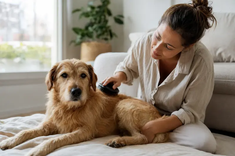 Ein Yaller Dog wird zuhause sanft gebürstet, während der Besitzer liebevoll die Fellpflege übernimmt.