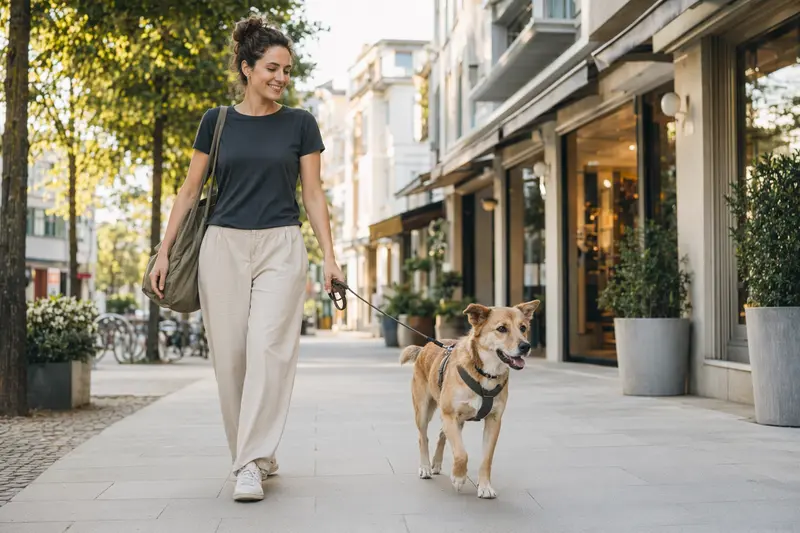 Ein Yaller Dog läuft an der Leine mit seinem Besitzer durch eine freundliche moderne Stadtstraße.