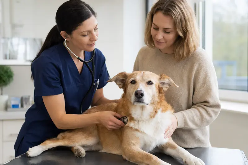Eine Tierärztin untersucht einen ruhigen Hund auf dem Untersuchungstisch behutsam mit dem Stethoskop, während der Besitzer beruhigend danebensteht.