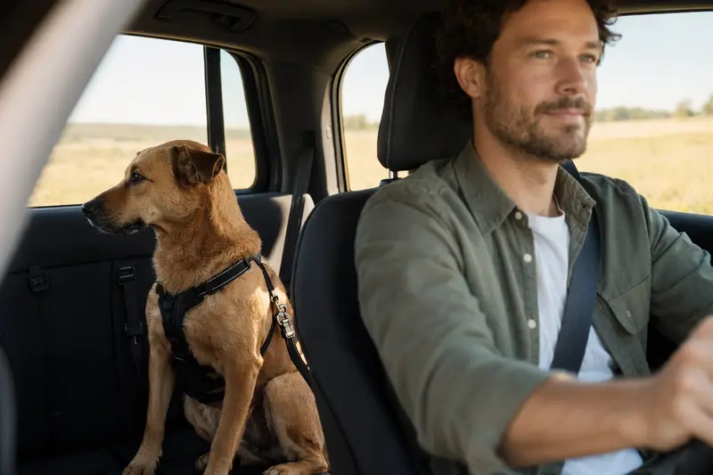 Ein Hund sitzt sicher angeschnallt auf der Rückbank eines Autos, während der Fahrer ruhig unterwegs ist.