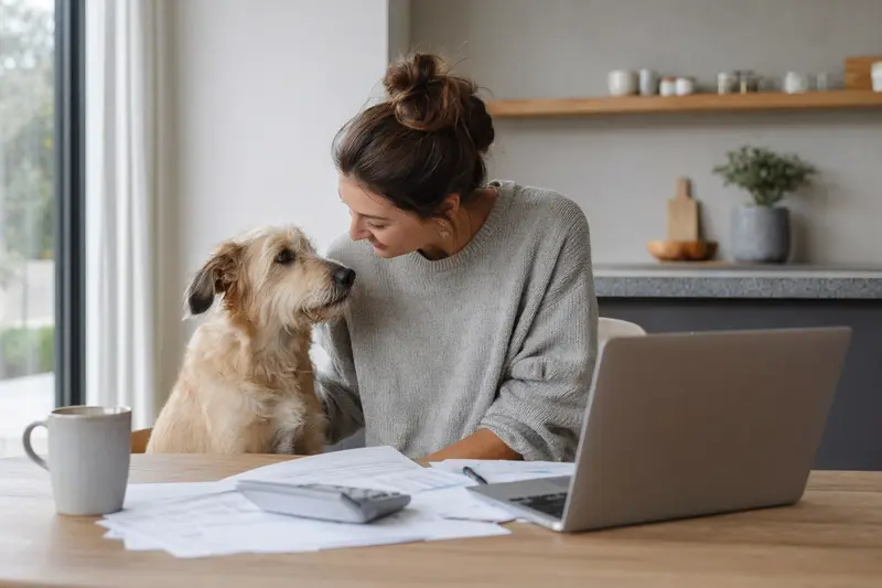 Ein Yaller Dog sitzt ruhig neben seinem Besitzer am Küchentisch, während Versicherungsunterlagen und ein Laptop mit neutraler Vergleichsseite liegen.