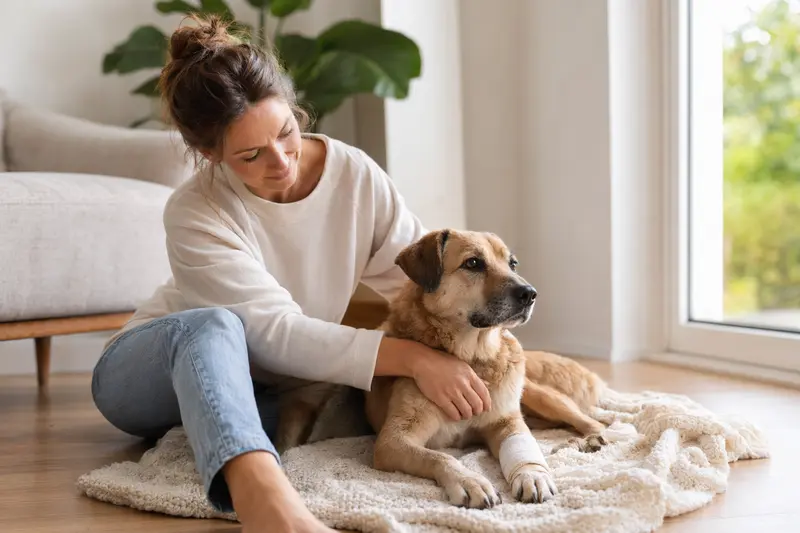 Ein Hund mit leichtem Verband an der Pfote liegt ruhig auf einer Decke, während sein Besitzer erleichtert neben ihm sitzt.