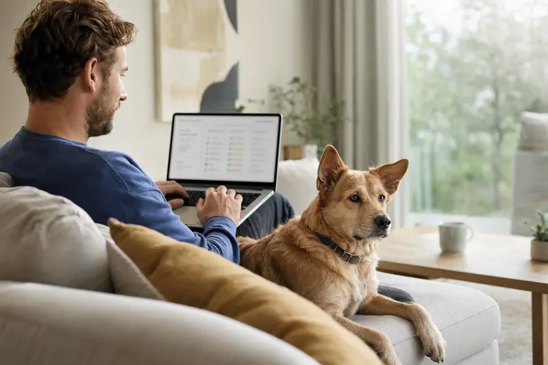 Ein Hundebesitzer arbeitet am Laptop auf dem Sofa, während ein Yaller Dog Hund neben ihm sitzt.
