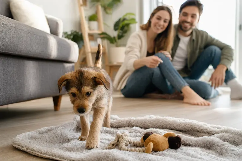 Junger Welpe entdeckt neugierig sein neues Zuhause in einer hellen Wohnung mit weicher Decke und Spielzeug.