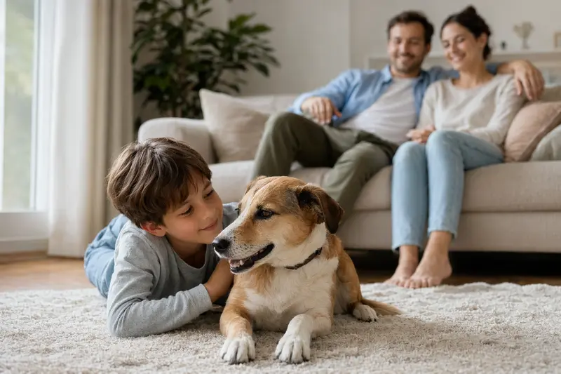 Ein freundlicher Hund liegt entspannt neben einem Kind im hellen Wohnzimmer, während die Eltern im Hintergrund für eine sichere Familienatmosphäre sorgen.