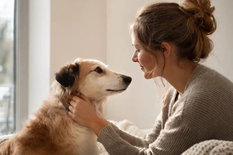Ein aufmerksam stehender Yellow Dog Hund vor hellem neutralem Hintergrund in einem realistischen Tierporträt.